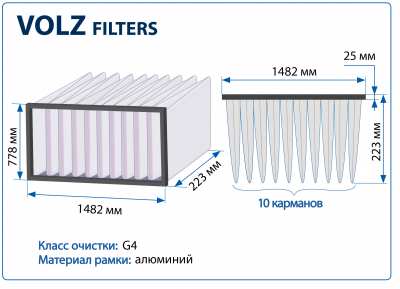 Фильтр воздушный G4 Volz Filters на рамке 1482x778x223 мм, 10 карманов