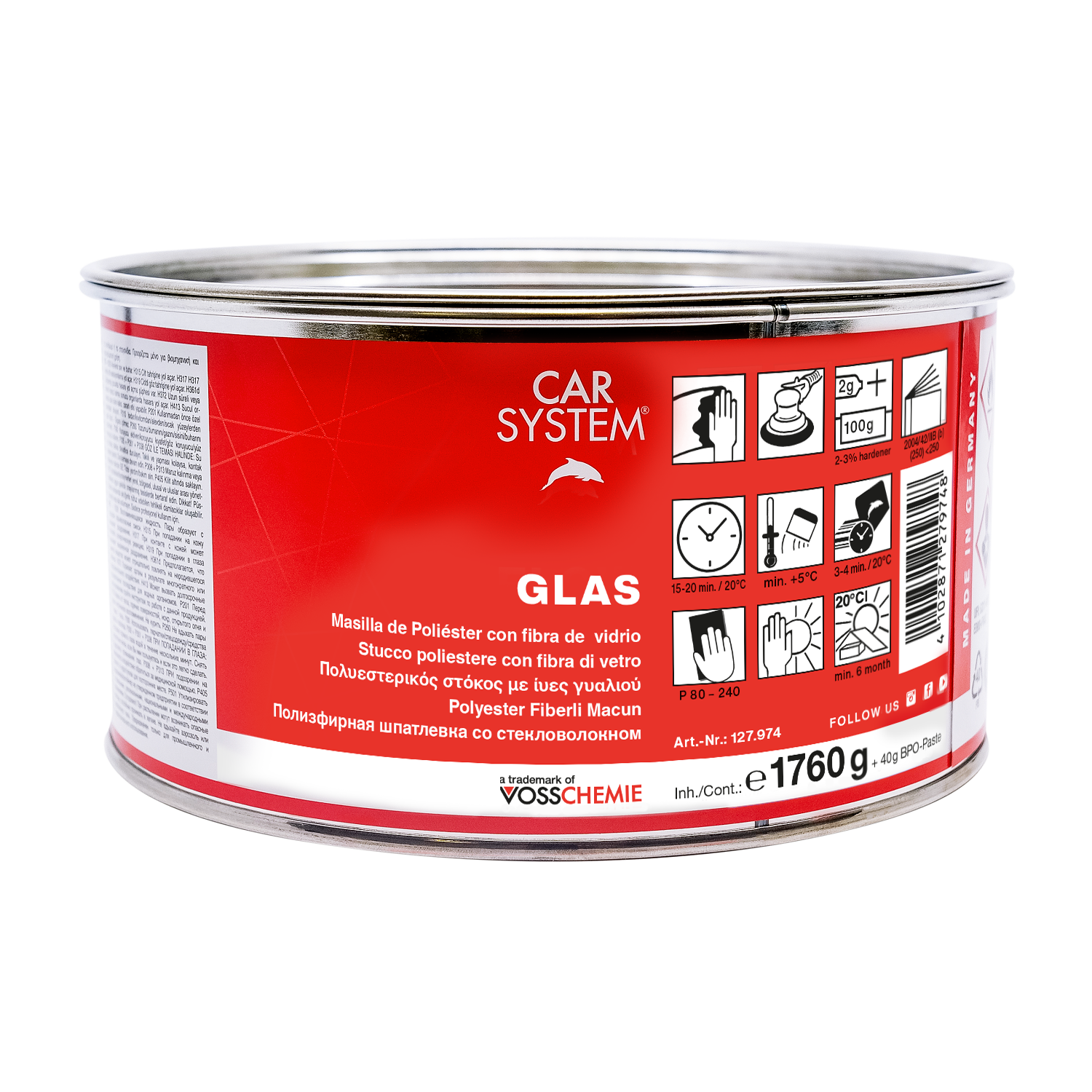 Полиэфирная шпатлевка со стекловолокном Carsystem Glas 1.8 кг (с отвердителем)