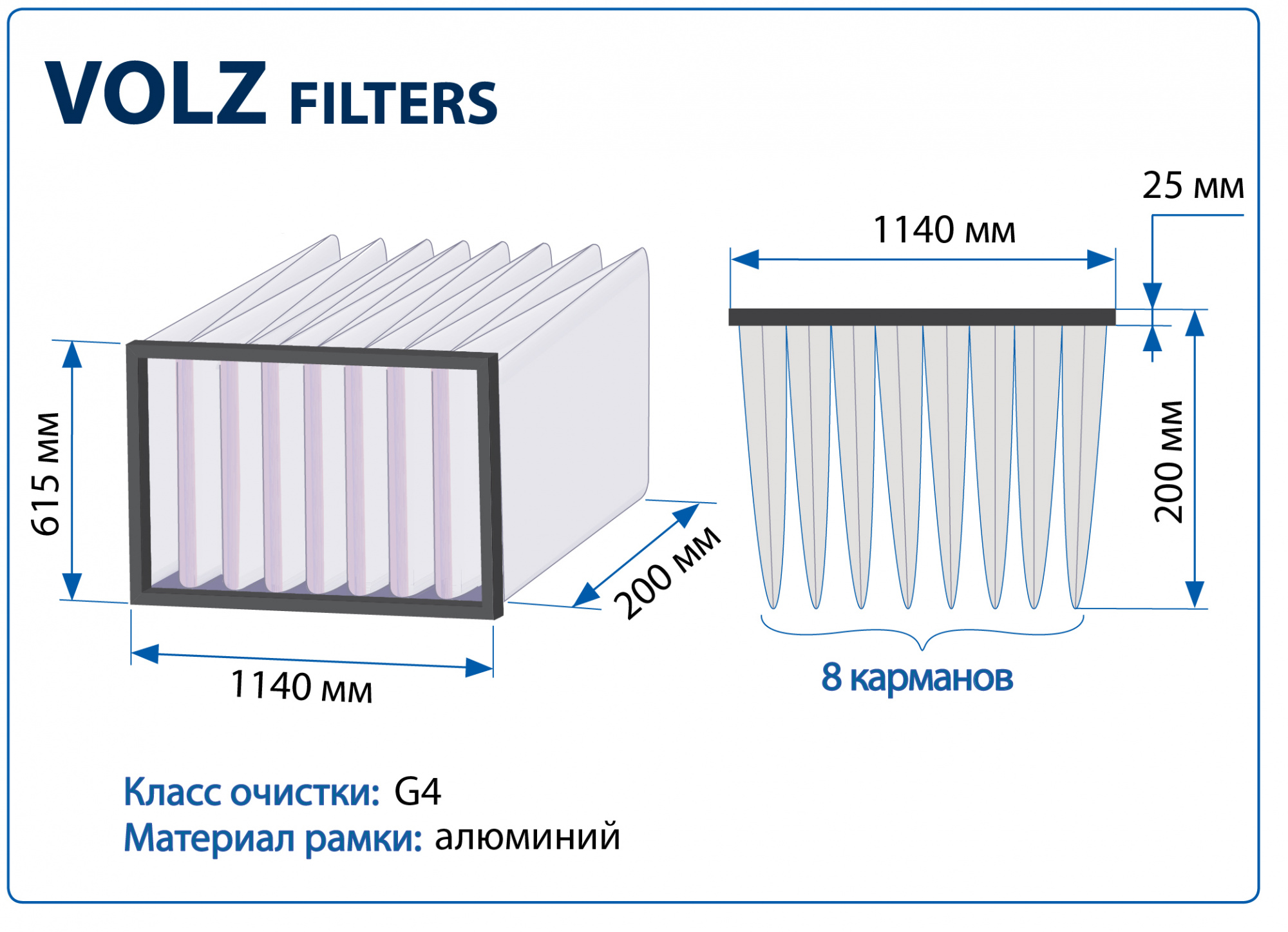 Фильтр воздушный G4 Volz Filters на рамке 1140х615x200 мм, 8 карманов