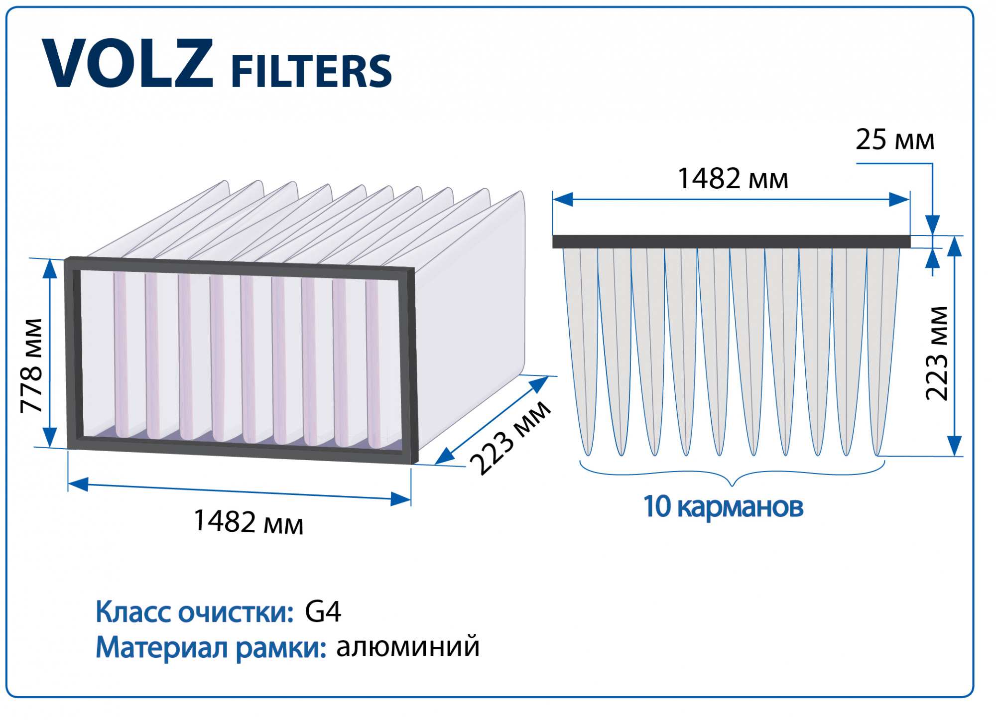 Фильтр воздушный G4 Volz Filters на рамке 1482x778x223 мм, 10 карманов