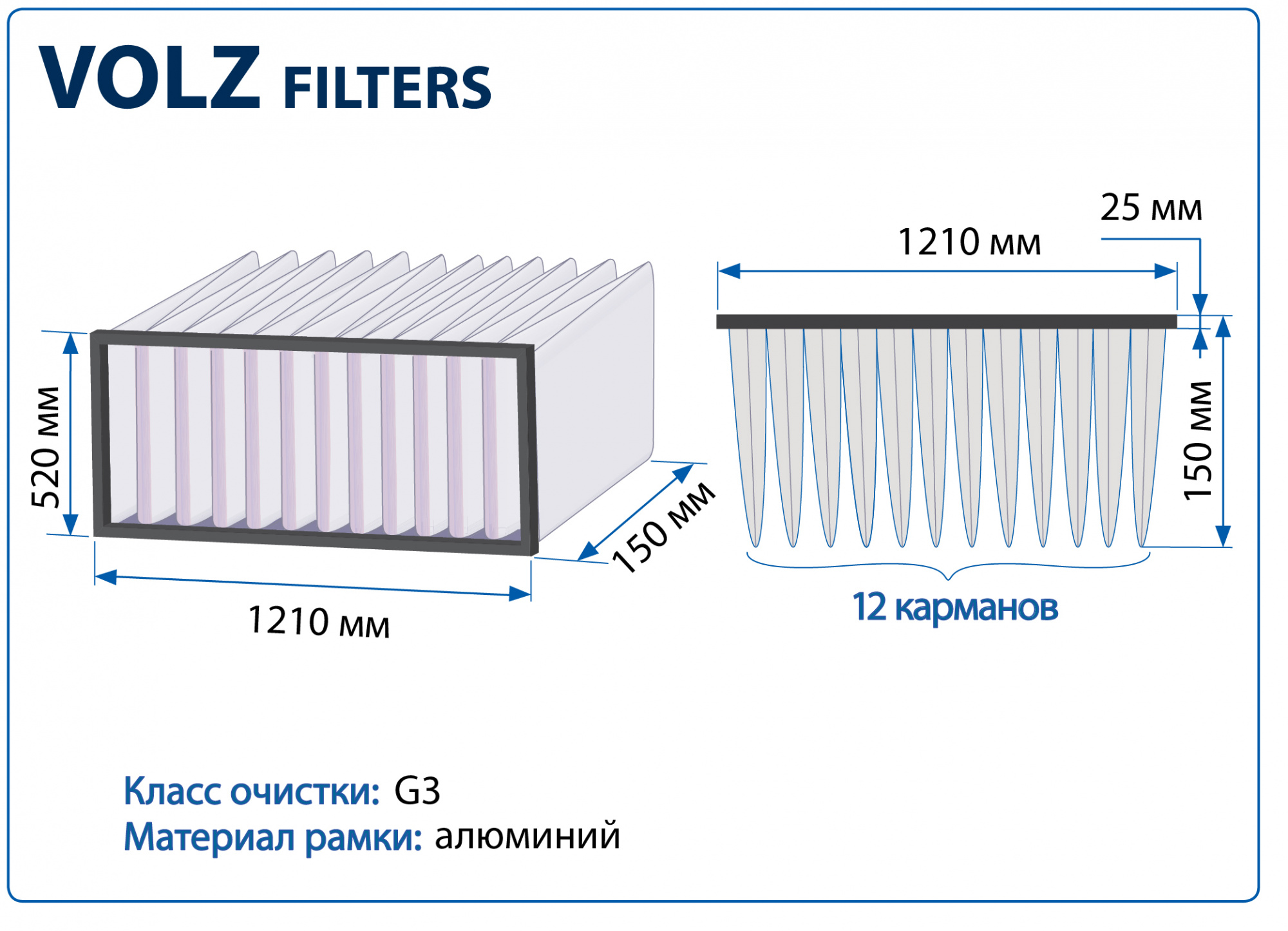 Фильтр воздушный G3 Volz Filters на рамке 1210х520х150 мм, 12 карманов