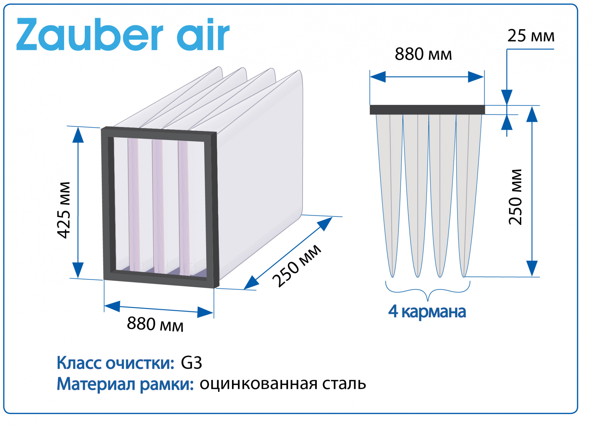 Фильтр воздушный G3 Zauber Air на рамке 880x425x250 мм, 4 кармана
