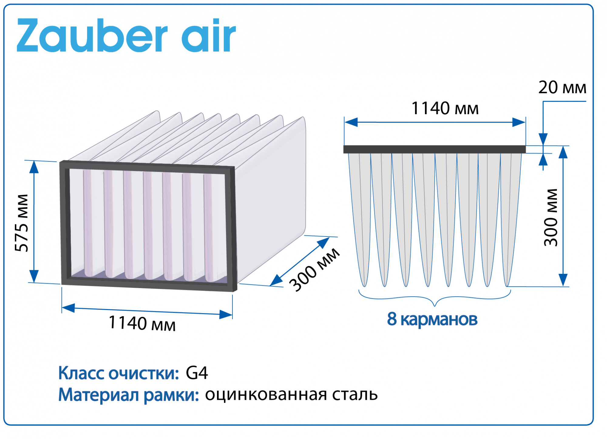 Фильтр воздушный G4 Zauber Air на рамке 1140Х575Х300 мм, 8 карманов