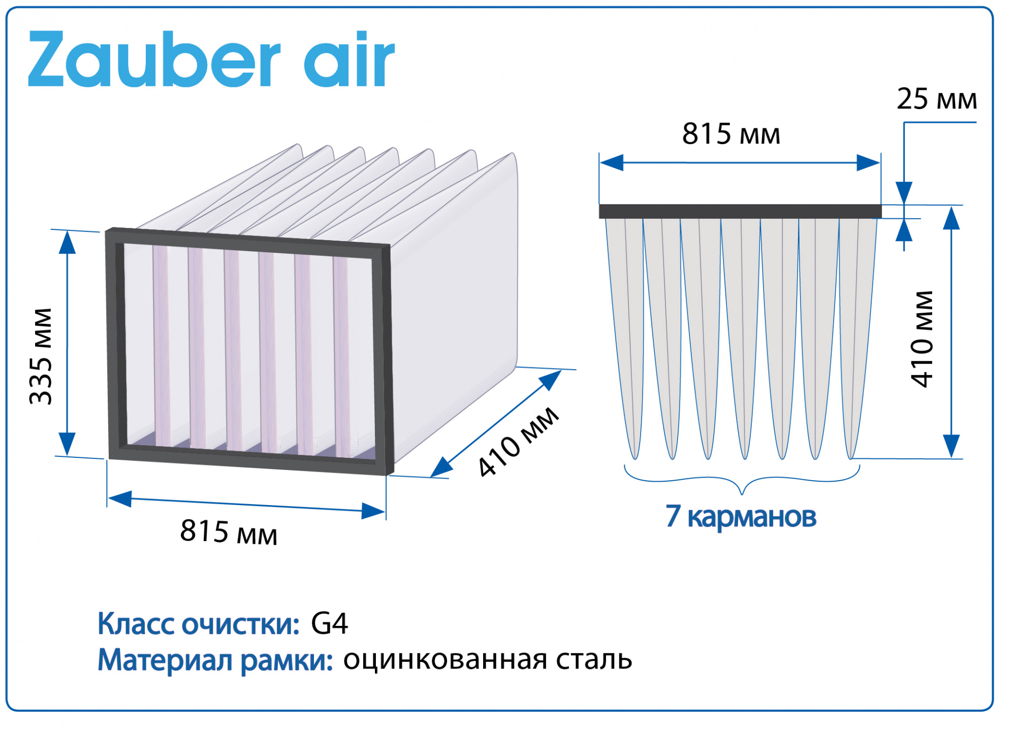Фильтр воздушный G4 Zauber Air на рамке 815X335X410 мм, 7 карманов