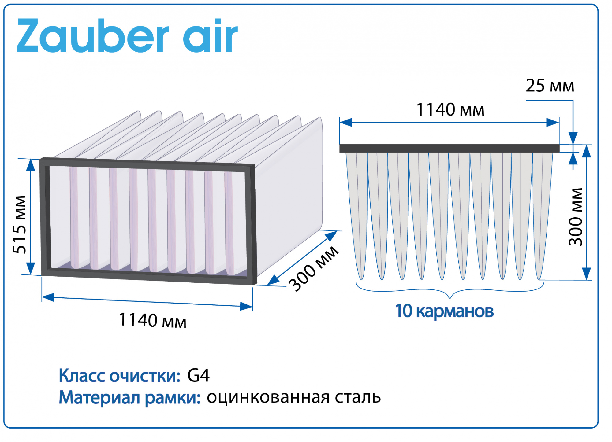 Фильтр воздушный G4 Zauber Air на рамке 1140X515X300 мм, 10 карманов