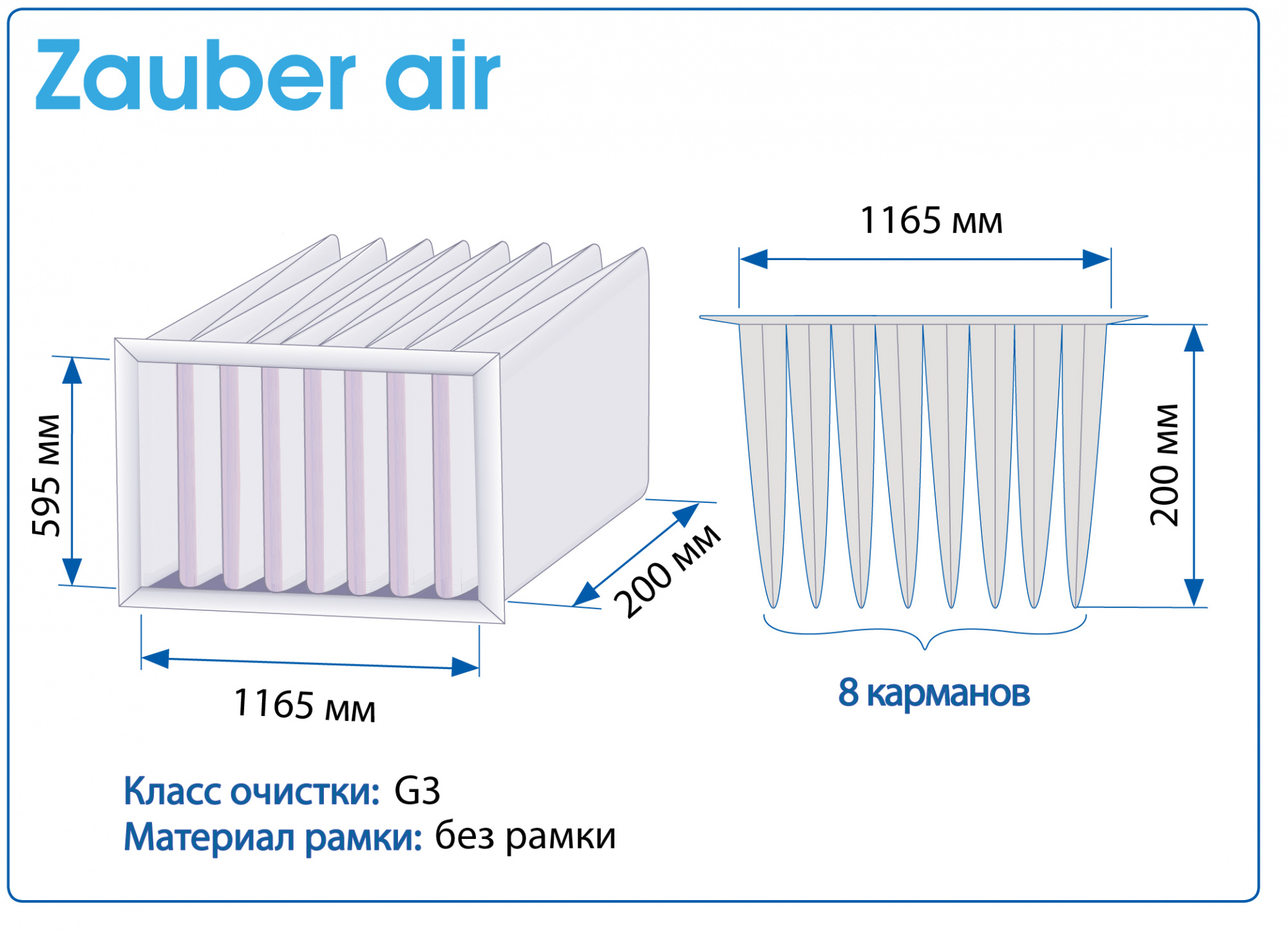 Фильтр воздушный G3 Zauber Air 1165Х595Х200 мм, 8 карманов
