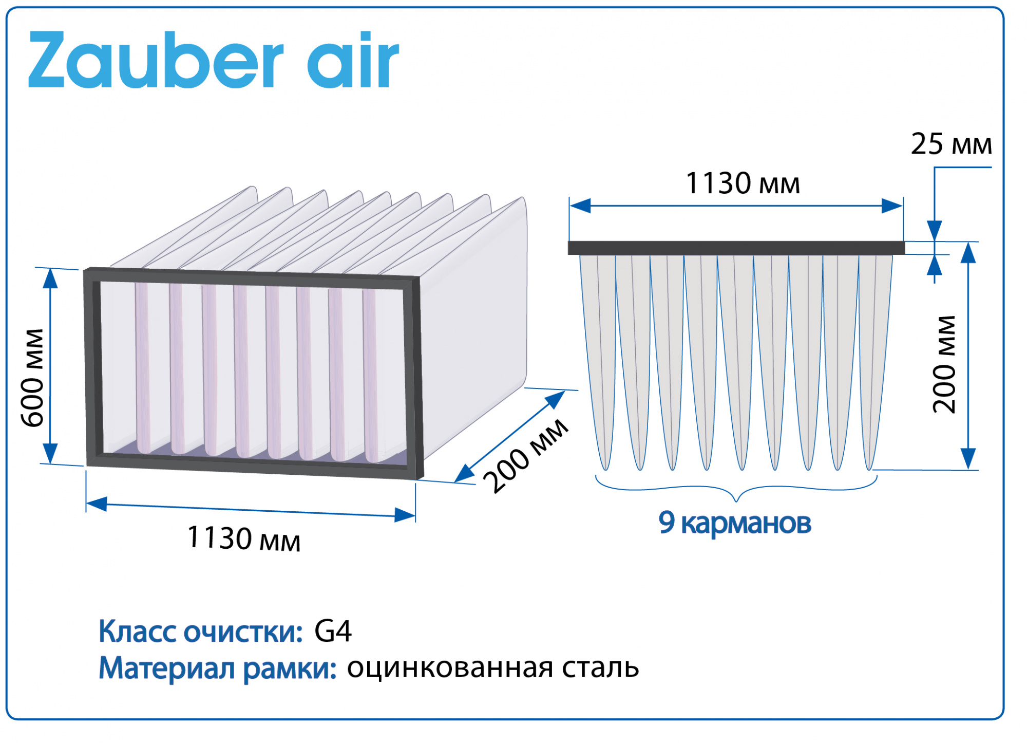 Фильтр воздушный G4 Zauber Air на рамке 1130X600X200 мм, 9 карманов
