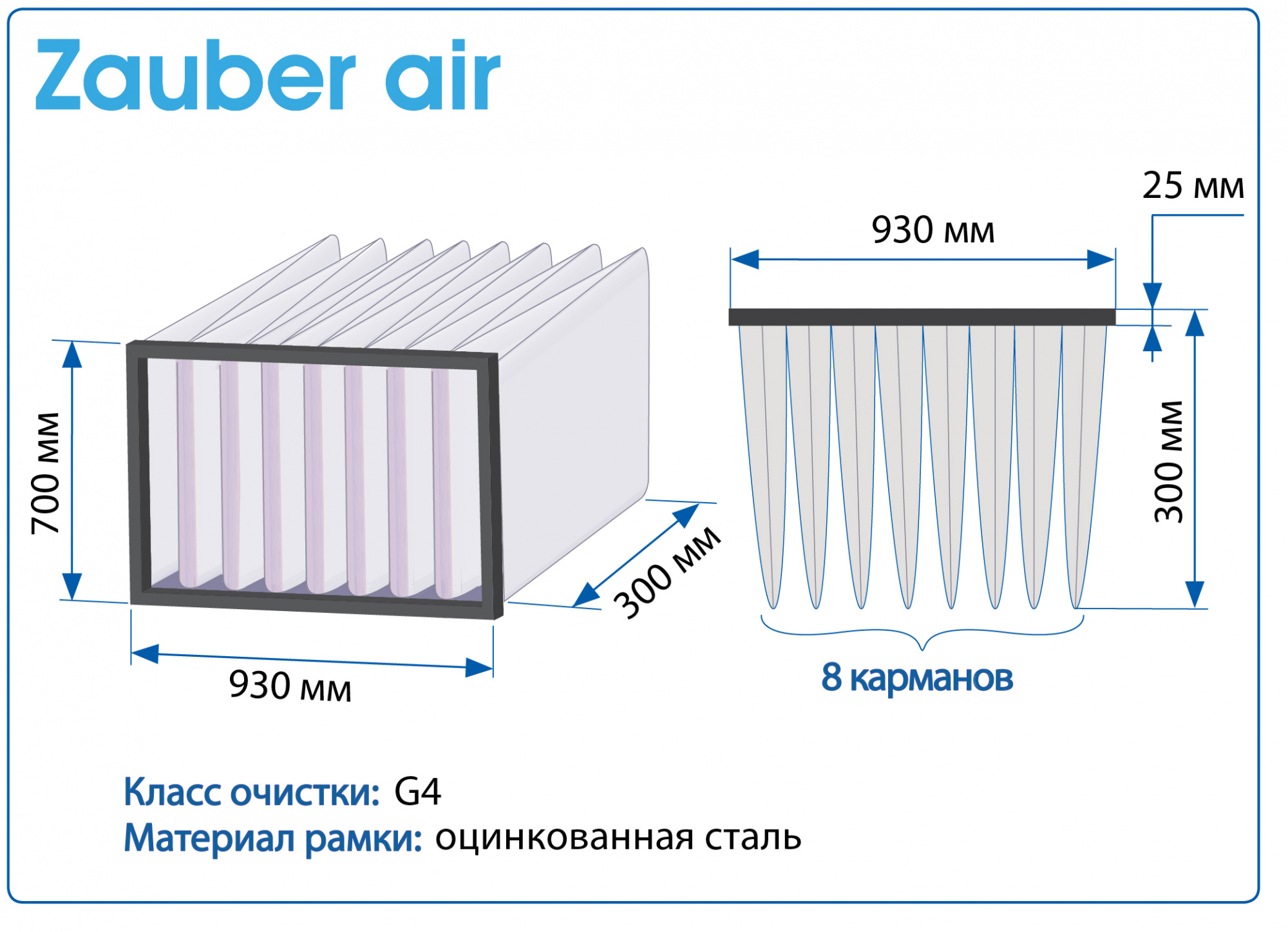 Фильтр воздушный G4 Zauber Air на рамке 930x700x300 мм, 8 карманов