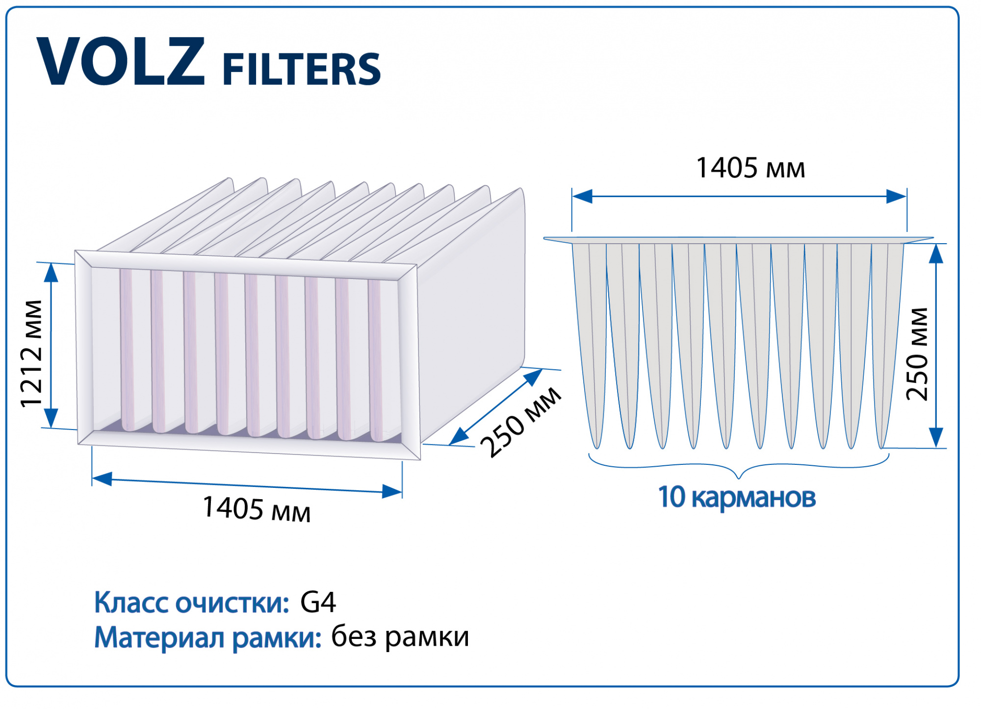 Фильтр воздушный 10 карманов G4 Volz Filters 1405х1212х250 мм без рамки