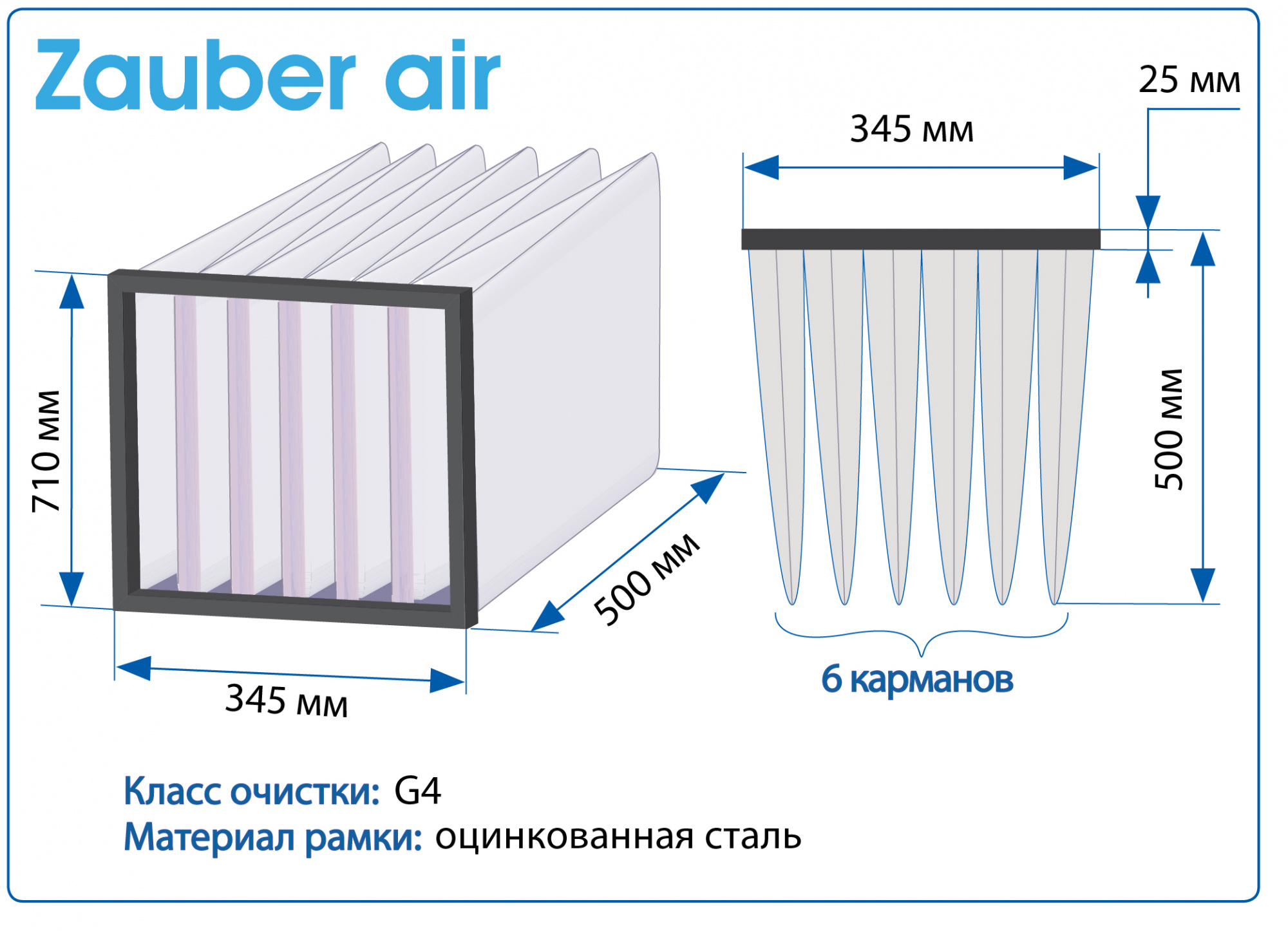 Фильтр воздушный G4 Zauber Air на рамке 345x710x500 мм, 6 карманов