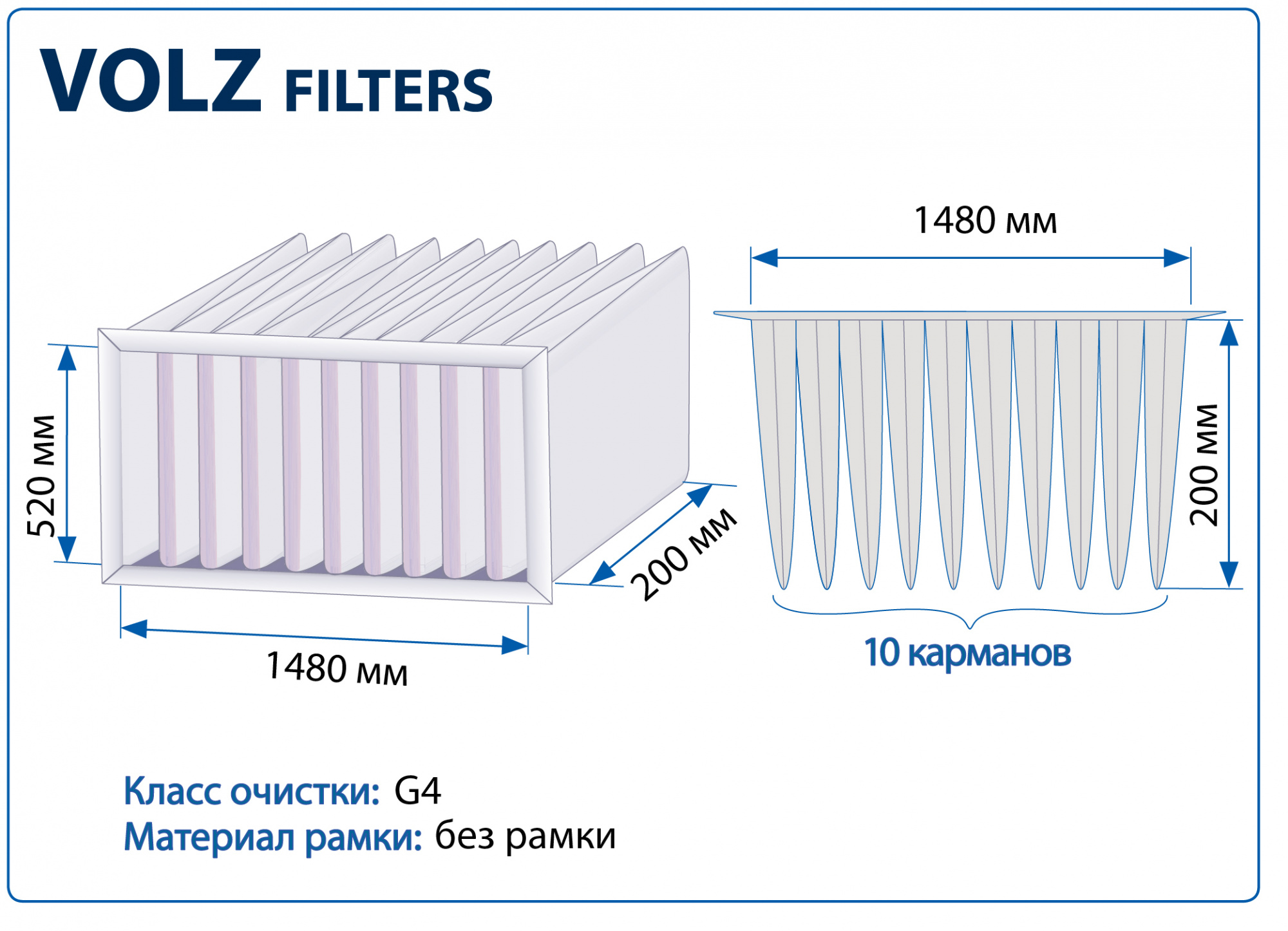 Фильтр воздушный 10 карманов G4 Volz Filters 1480X520X200 мм без рамки