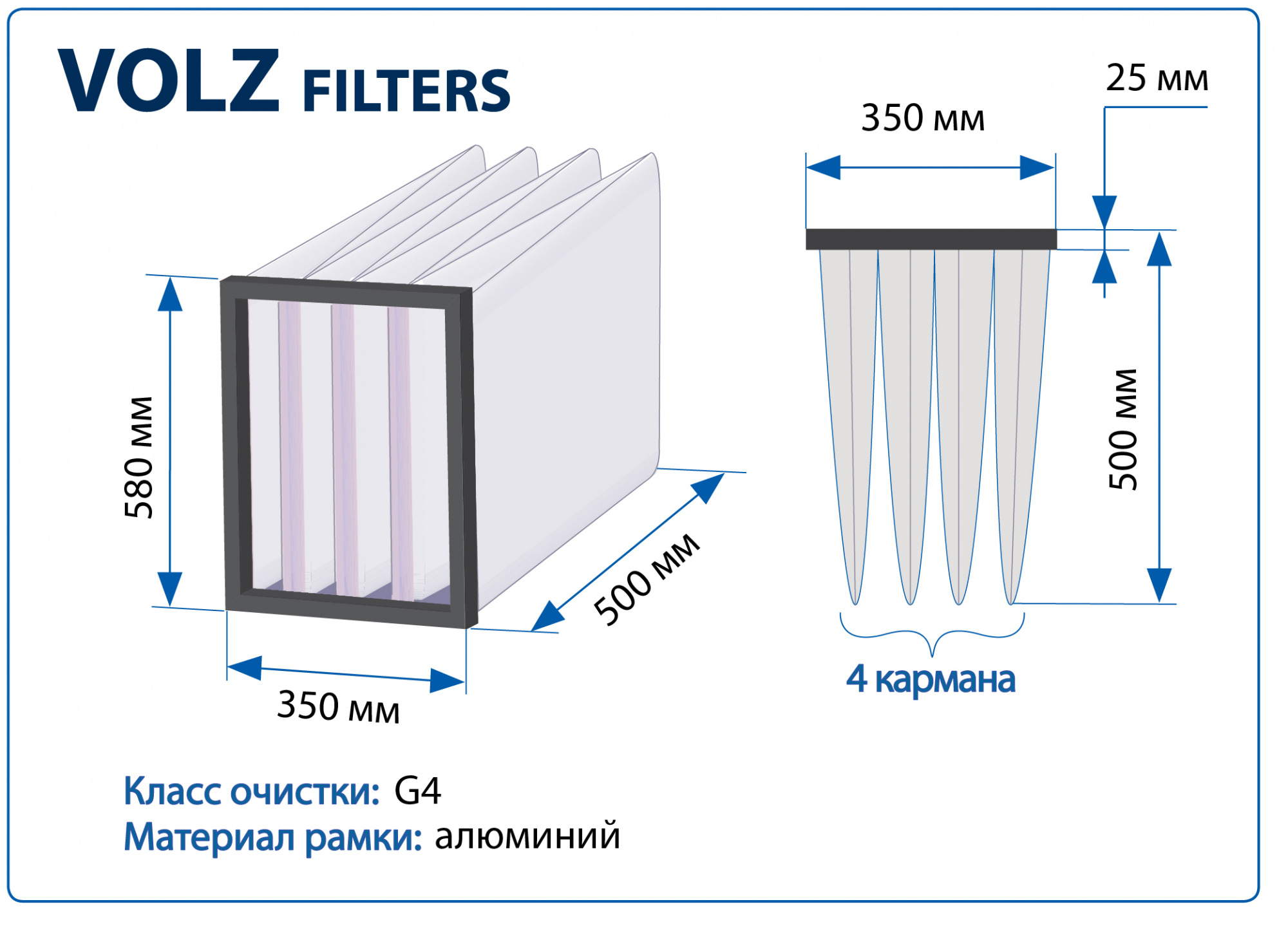 Фильтр воздушный G3 Volz Filters на рамке 350х580х500 мм, 4 кармана