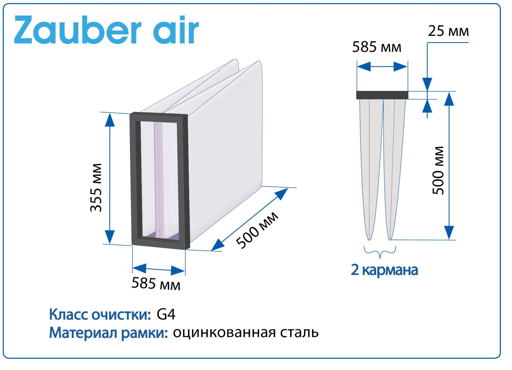 Фильтр воздушный G4 Zauber Air на рамке 780X353X500 мм, 2 кармана